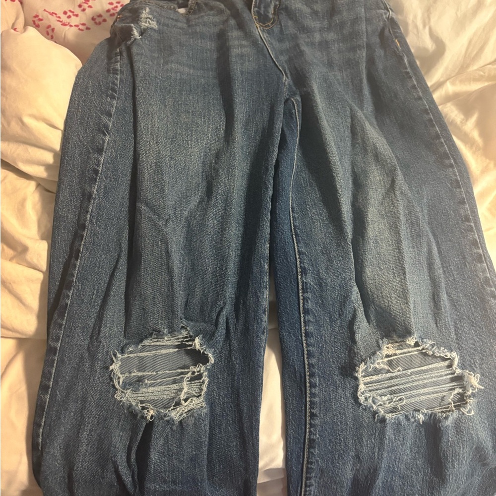 Blue Boyfriend Jeans with Distressed Knees